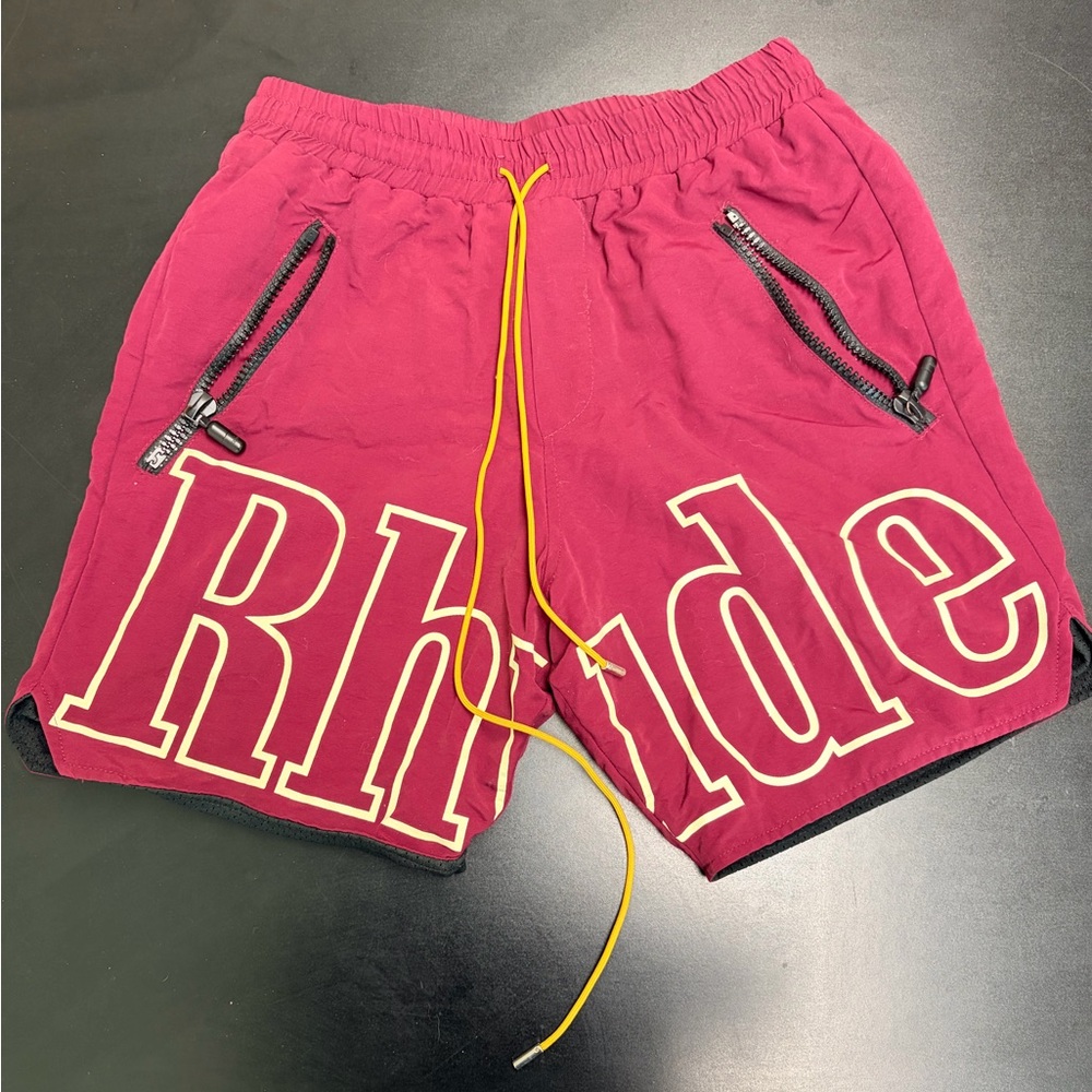 Rhude Men's Burgundy Athletic Shorts with Yellow Drawstring